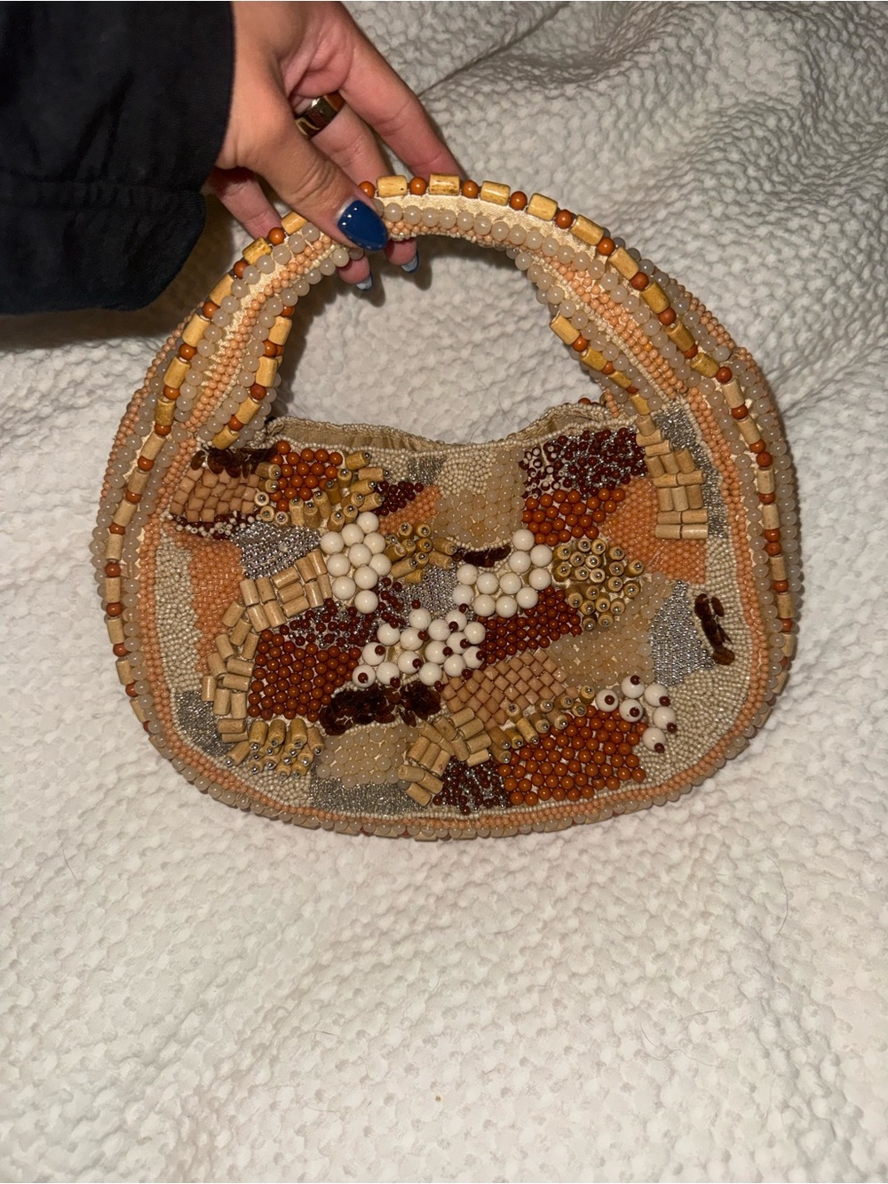 Beaded Mini Shoulder Bag in Beige & Brown
